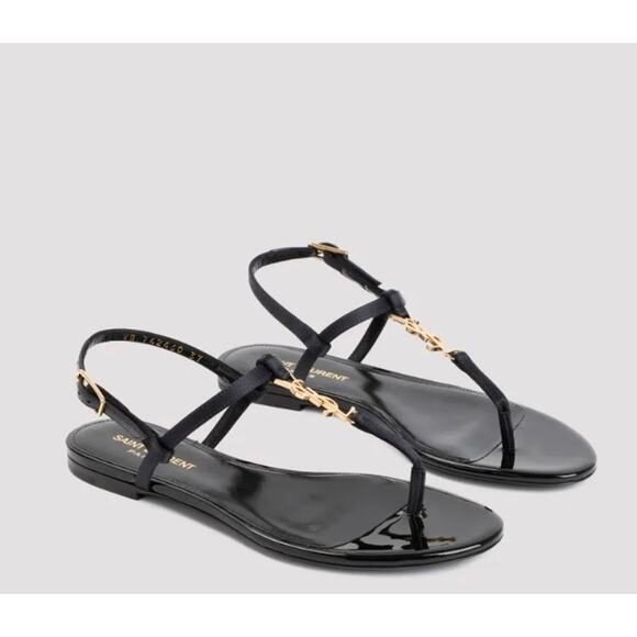 Saint Laurent Cassandra Navy Satin YSL Flat Logo Thong Sandals - Picture 7 of 15